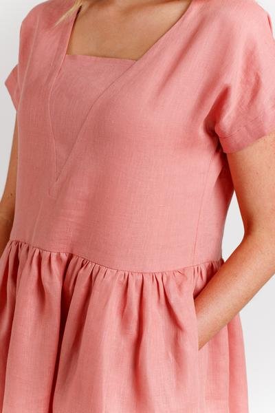 Megan Nielsen Olive sewing pattern for relaxed-fit blouse and dress with V-neck insert, optional patch pocket, and gathered skirt
