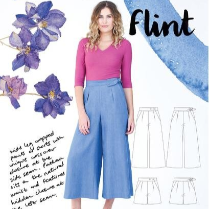 Megan Nielsen Flint Pants and Shorts showing wide-leg cropped pants and shorts with crossover side closure, darts, and slash pockets