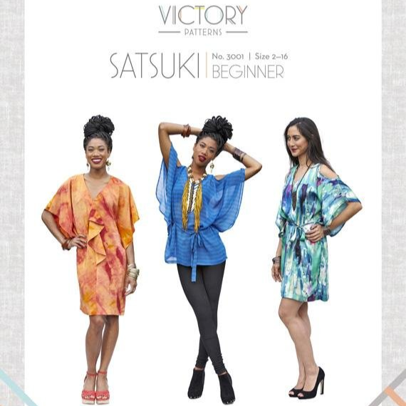 Victory Patterns Satsuki slip-on dress with full sleeves, flounce front, sash waist, and optional peek-a-boo shoulders