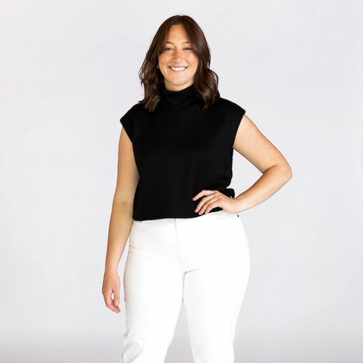 Chalk & Notch Max Tee sewing pattern with cropped and hip-length options, muscle tee shoulders, and three neckline finishes in sizes 0–30.
