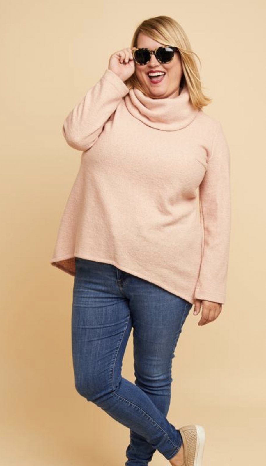 Cashmerette Tobin Sweater sewing pattern featuring split neck, cowl neck, and classic sweatshirt options with curve-friendly fit
