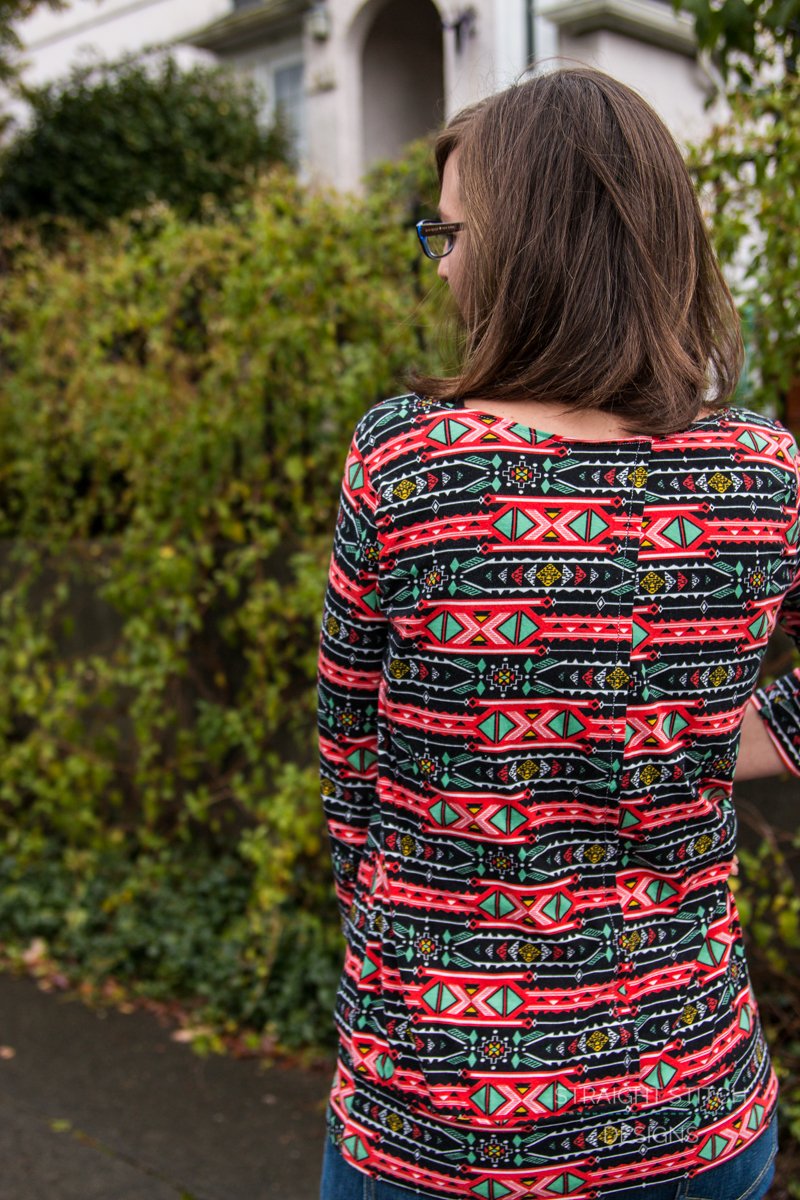 Straight Stitch Designs Ballard tunic sewing pattern with scoop neckline, 3/4 sleeves, banded hem, and stylish open back detail