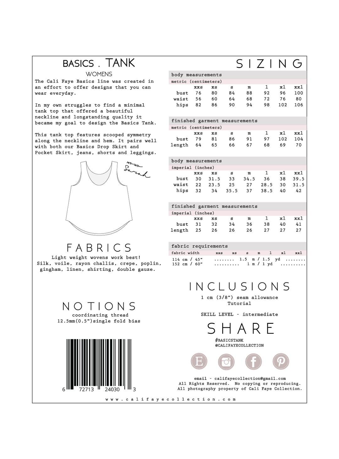 Cali Faye Basics Tank Pattern – minimalist everyday tank top sewing pattern in sizes XXS–XXL