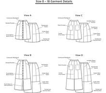 Grainline Studio Reed Skirt sewing pattern sizes 0–18 with inset and patch pockets, button front or invisible zipper closure, medium-weight fabrics