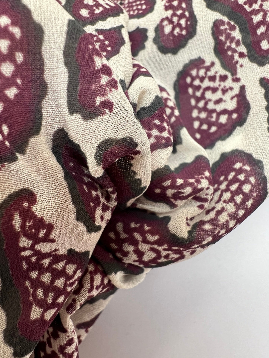 Silk Crepe Animal Print Fabric in Cream, Gray, and Purple - 75% Silk, 49 inches wide, Italian-made