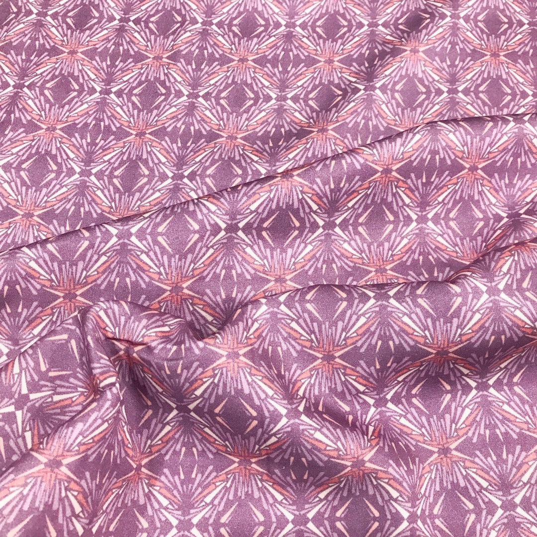Organic Tencel Twill Lavender Kaleidoscope fabric with vibrant digital print, eco-friendly GOTS-certified inks, soft drape, and sustainable twill texture – 52 inches wide