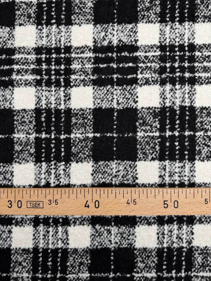 Black and white plaid tweed bouclé wool blend fabric, Italian twill weave, 55-inch wide, ideal for coats, jackets, skirts, and tailored suits