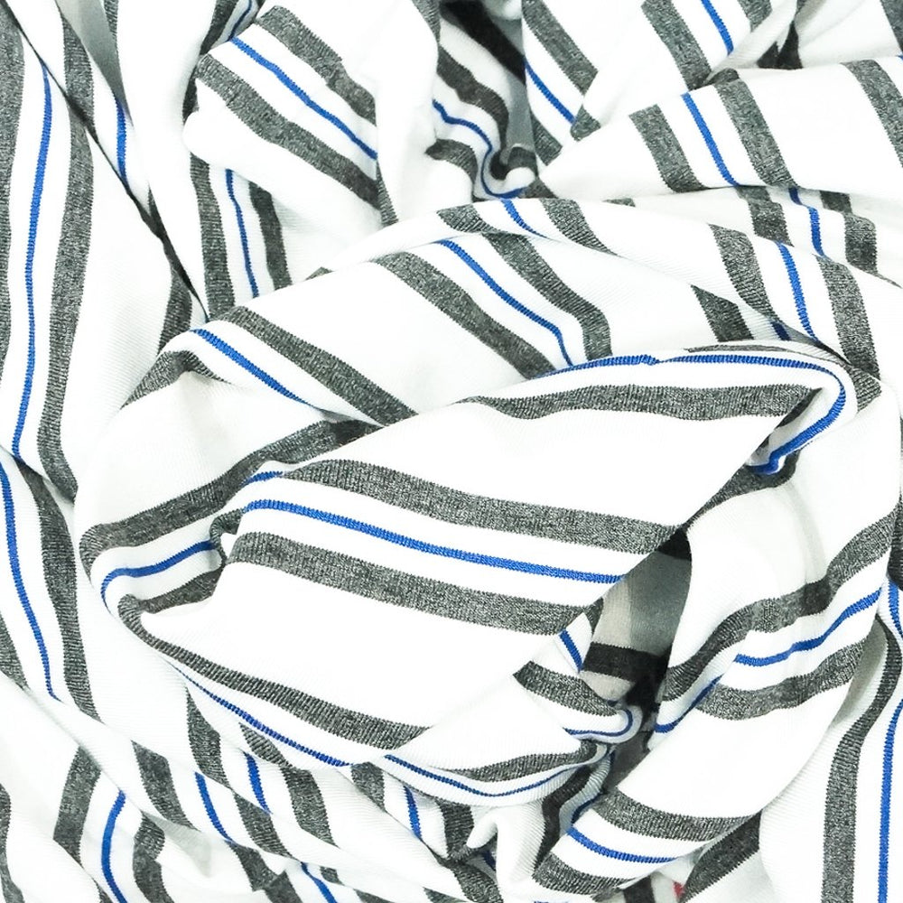 Grey and Royal Stripe Bamboo Knit Fabric - OEKO-TEX Certified 95% Bamboo 5% Spandex - Soft Sustainable Material for Tees & Tanks