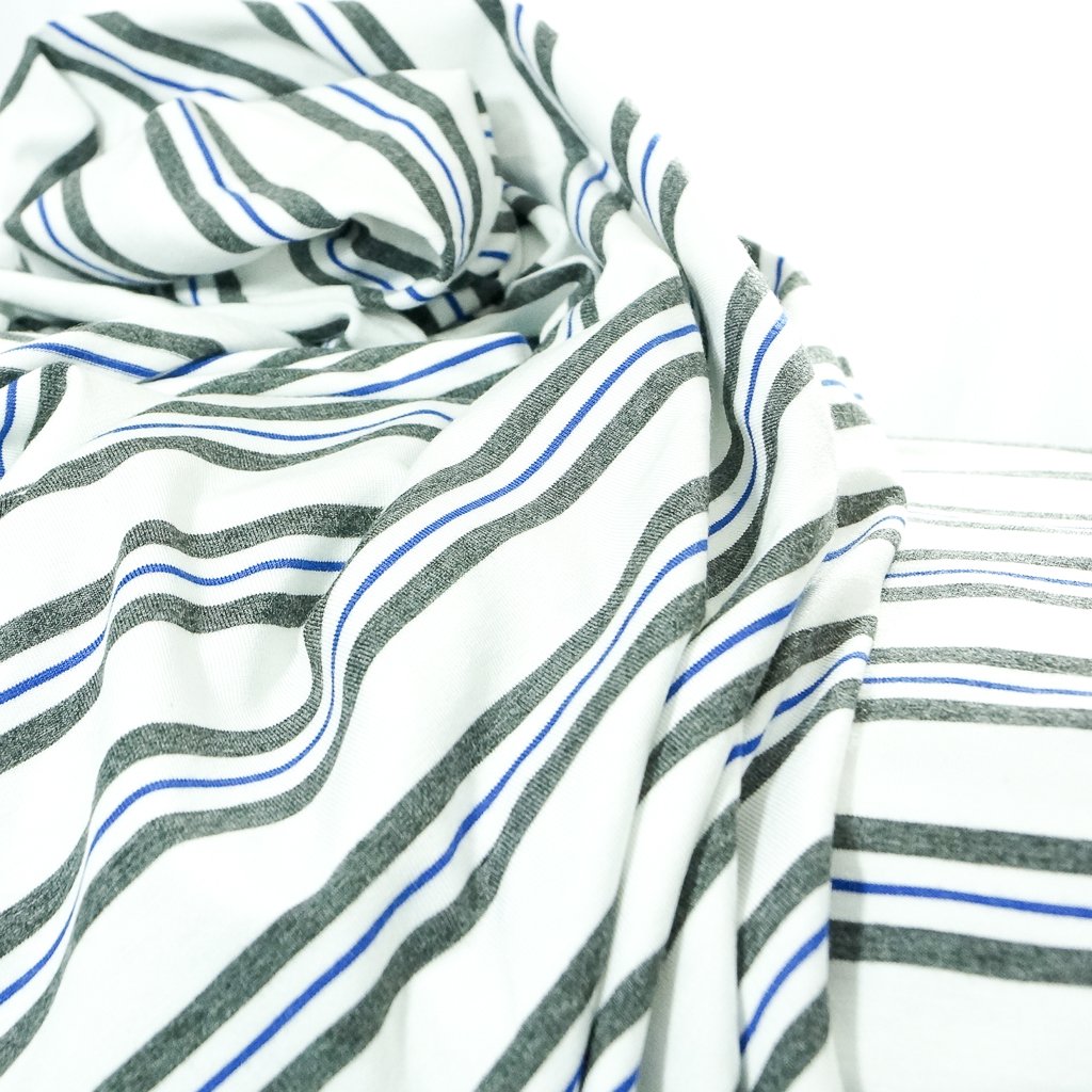 Grey and Royal Stripe Bamboo Knit Fabric - OEKO-TEX Certified 95% Bamboo 5% Spandex - Soft Sustainable Material for Tees & Tanks
