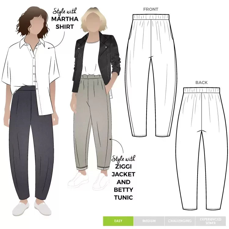 Style Arc Bob Woven Pant sewing pattern with balloon-shaped legs, elastic waist, and inseam pockets