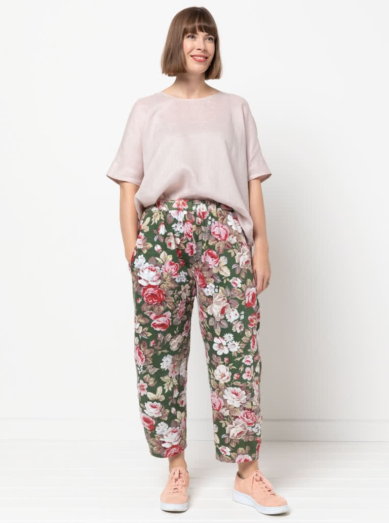 Style Arc Bob Woven Pant sewing pattern with balloon-shaped legs, elastic waist, and inseam pockets