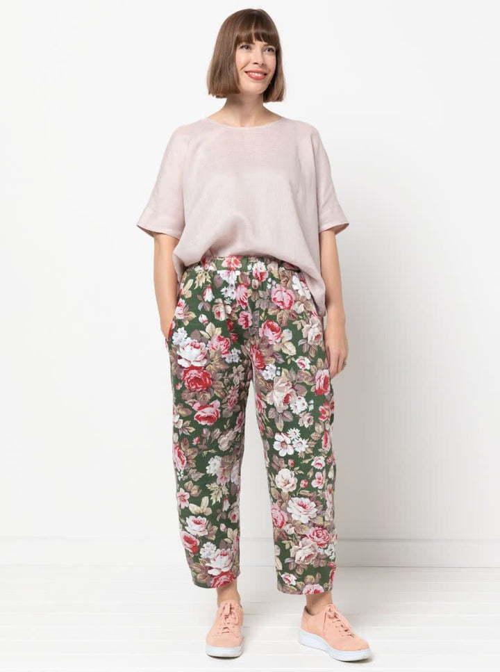 Style Arc Bob Woven Pant sewing pattern with balloon-shaped legs, elastic waist, and inseam pockets