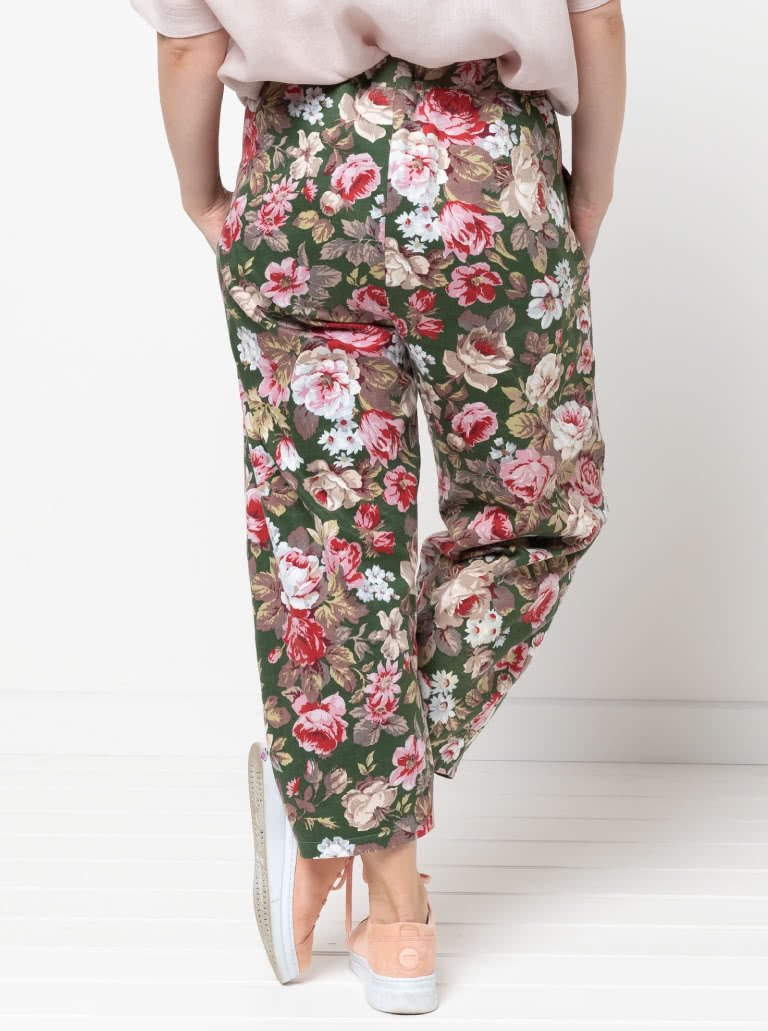 Style Arc Bob Woven Pant sewing pattern with balloon-shaped legs, elastic waist, and inseam pockets