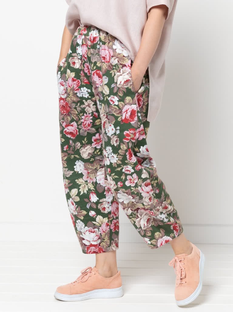 Style Arc Bob Woven Pant sewing pattern with balloon-shaped legs, elastic waist, and inseam pockets