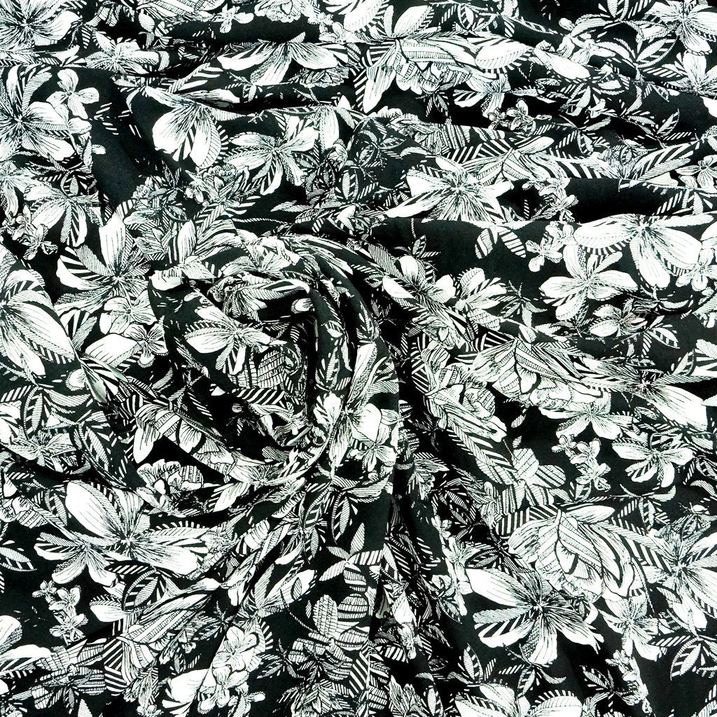 Ecovero Viscose Challis Black and White Tropical lightweight eco-friendly fabric with bold tropical print for sustainable dressmaking