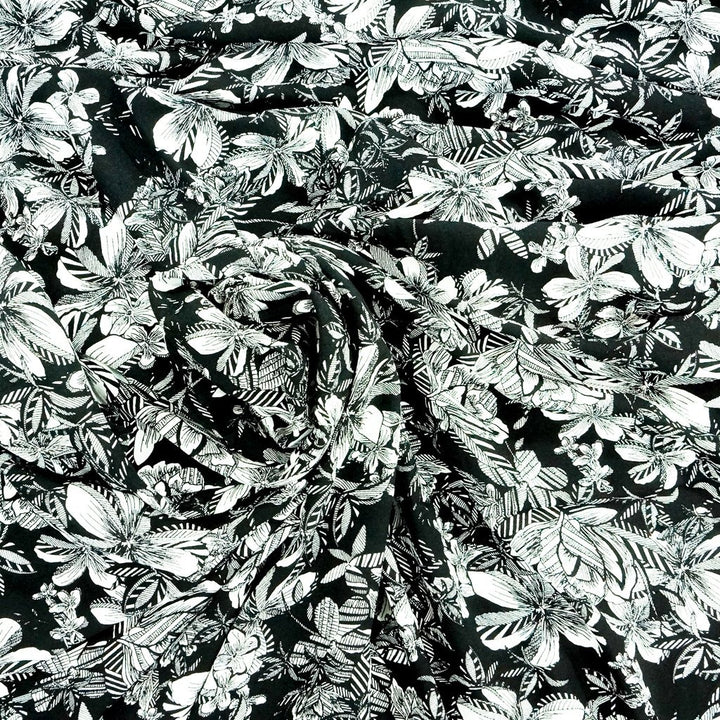 Ecovero Viscose Challis Black and White Tropical lightweight eco-friendly fabric with bold tropical print for sustainable dressmaking