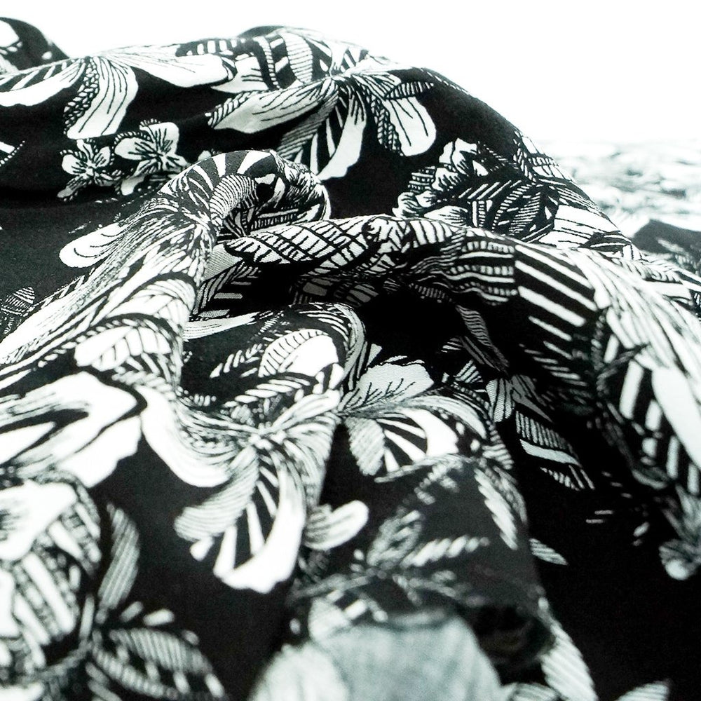 Ecovero Viscose Challis Black and White Tropical lightweight eco-friendly fabric with bold tropical print for sustainable dressmaking