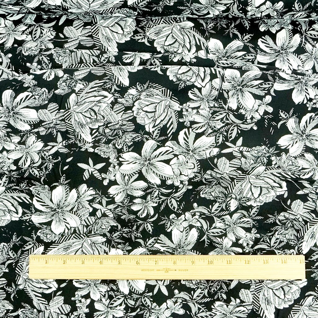 Ecovero Viscose Challis Black and White Tropical lightweight eco-friendly fabric with bold tropical print for sustainable dressmaking