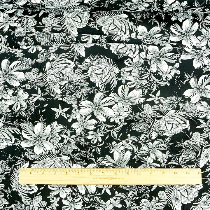 Ecovero Viscose Challis Black and White Tropical lightweight eco-friendly fabric with bold tropical print for sustainable dressmaking