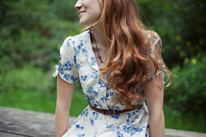 Sew Liberated Clara Dress sewing pattern with shirtwaist style, keyhole sleeves, elastic waist, inseam pockets, and full twirly skirt design