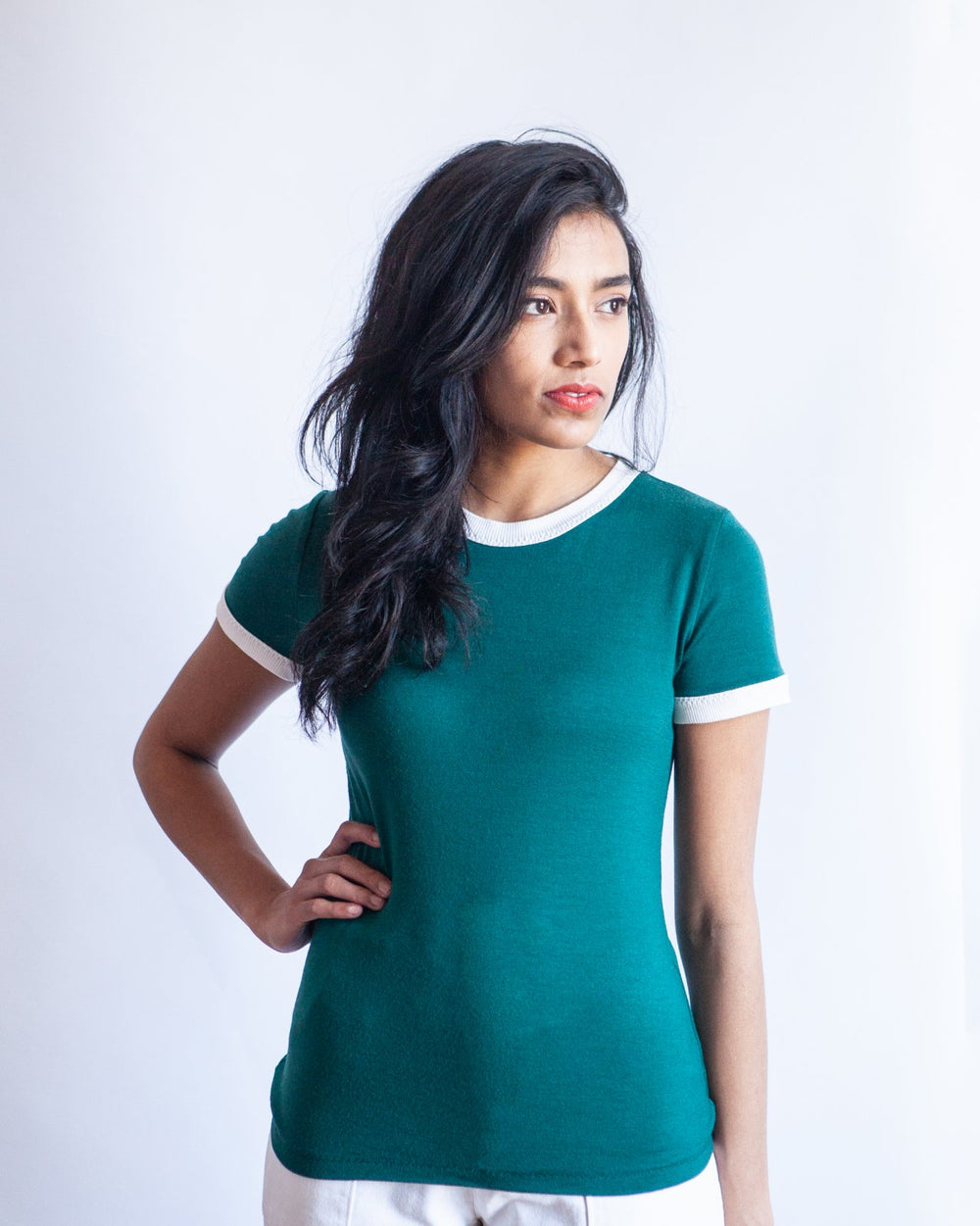 True Bias Rio Ringer T-Shirt & Dress sewing pattern with retro ribbed neckline and sleeve trim in T-shirt and dress versions