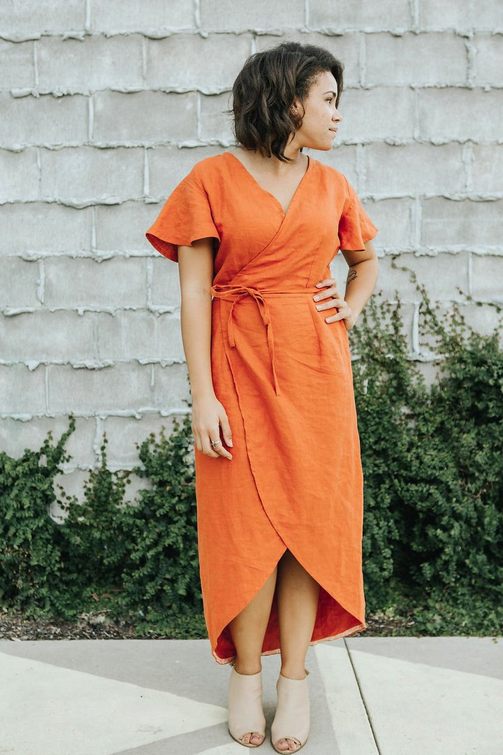 Sew to Grow Charlianne Wrap Dress sewing pattern, flutter sleeves, maxi tulip hem, tailored darts, elegant handmade dress