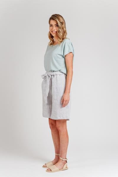 Megan Nielsen Opal sewing pattern for high-waist pants and shorts with paper bag and elastic waist options