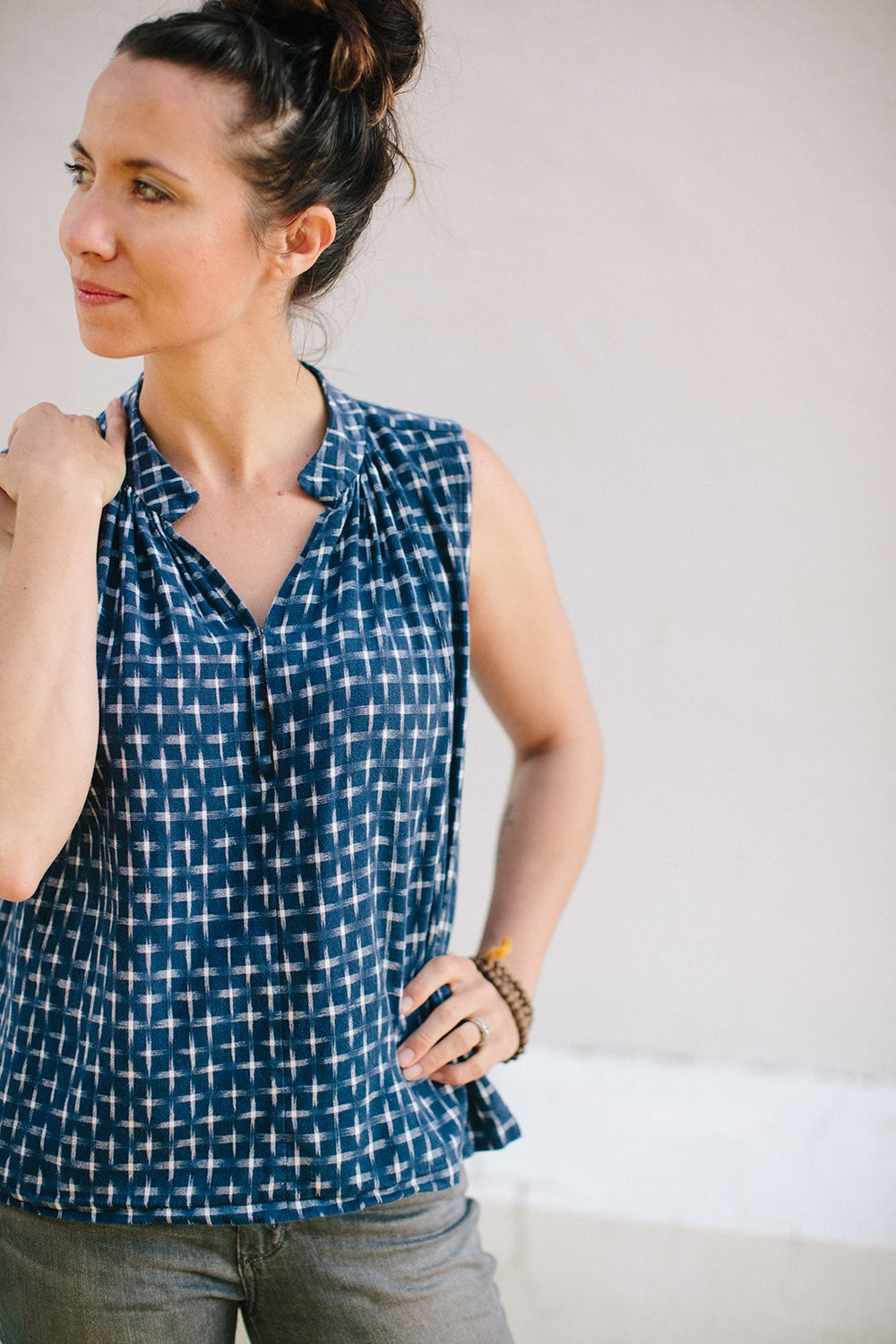 Sew Liberated Matcha Top showing mandarin-inspired neckline and elbow-length sleeves in soft draping fabric