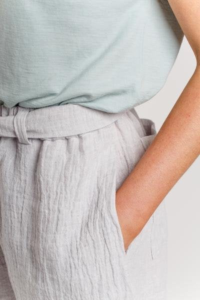 Megan Nielsen Opal sewing pattern for high-waist pants and shorts with paper bag and elastic waist options