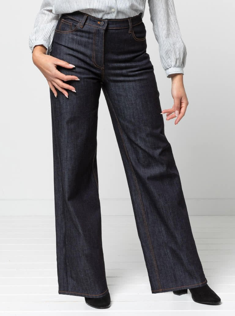 Style Arc Carlisle Jean sewing pattern with wide-leg design, shaped waistband, and classic denim pocket details