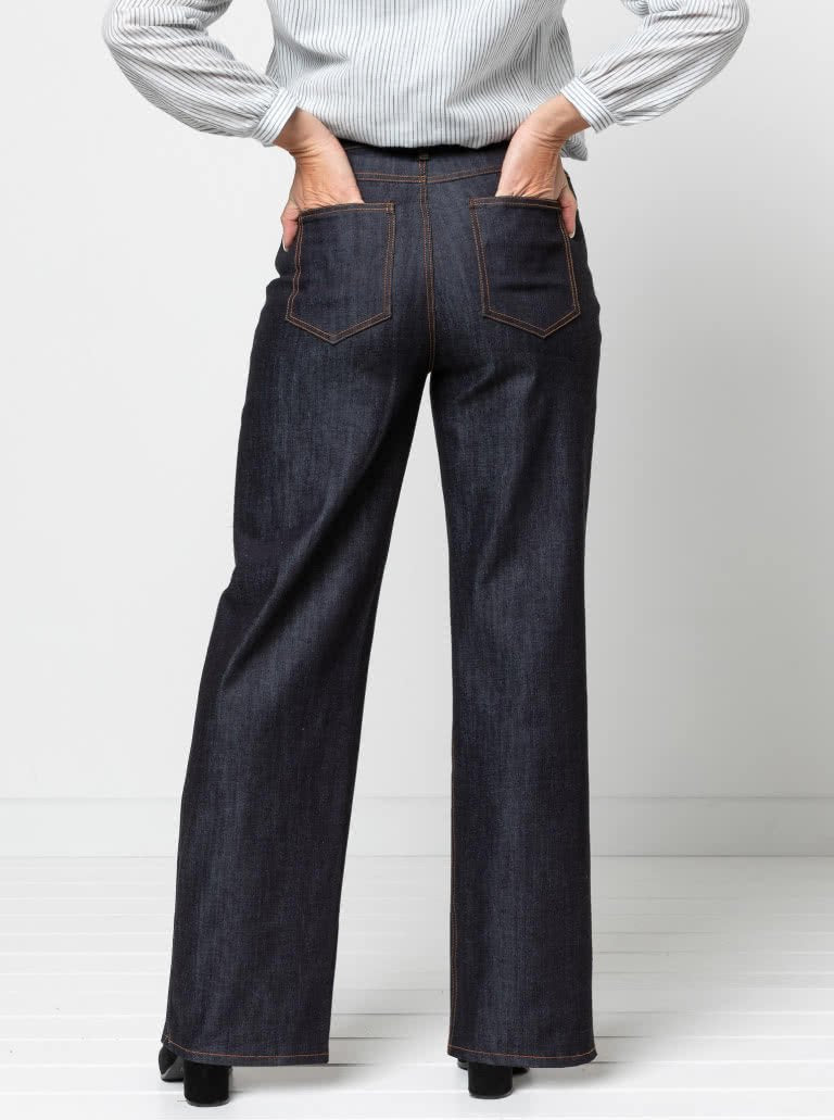 Style Arc Carlisle Jean sewing pattern with wide-leg design, shaped waistband, and classic denim pocket details