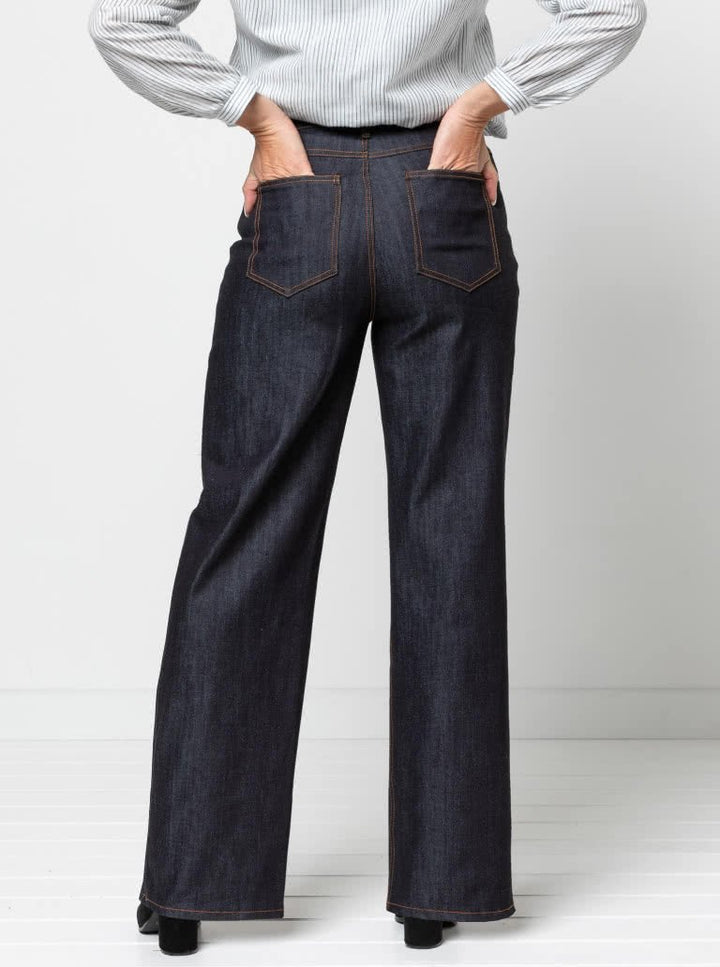 Style Arc Carlisle Jean sewing pattern with wide-leg design, shaped waistband, and classic denim pocket details
