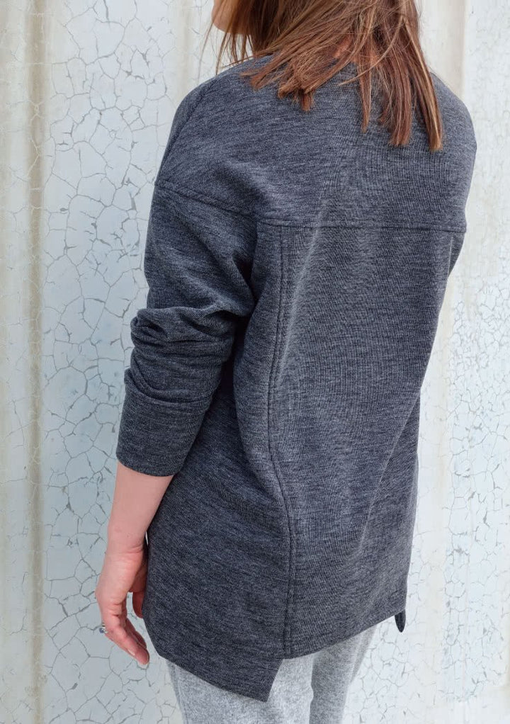 Style Arc Carlsson Sweater sewing pattern with extended shoulders, rounded yoke, and angled hip band design