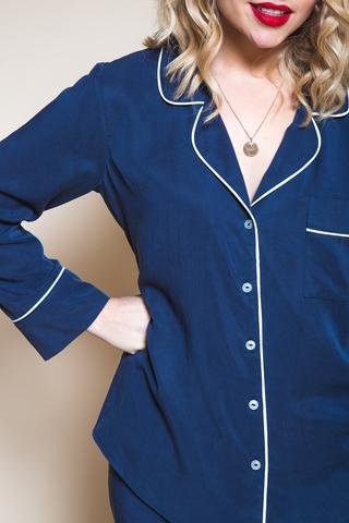 Closet Core Carolyn Pajamas sewing pattern – classic notched-collar pajama set with pants or shorts and optional piping details