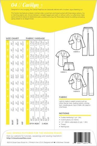 Closet Core Carolyn Pajamas sewing pattern – classic notched-collar pajama set with pants or shorts and optional piping details