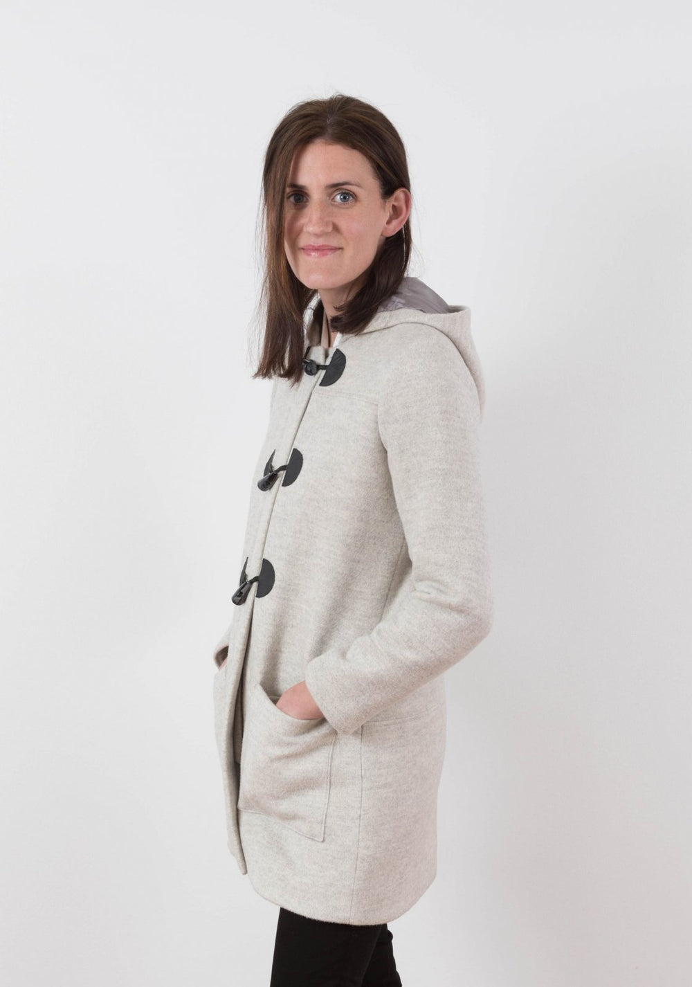 Grainline Studio Cascade Duffle Coat sewing pattern with toggle closure, hidden zipper band, A-line cut, and interchangeable hood or collar