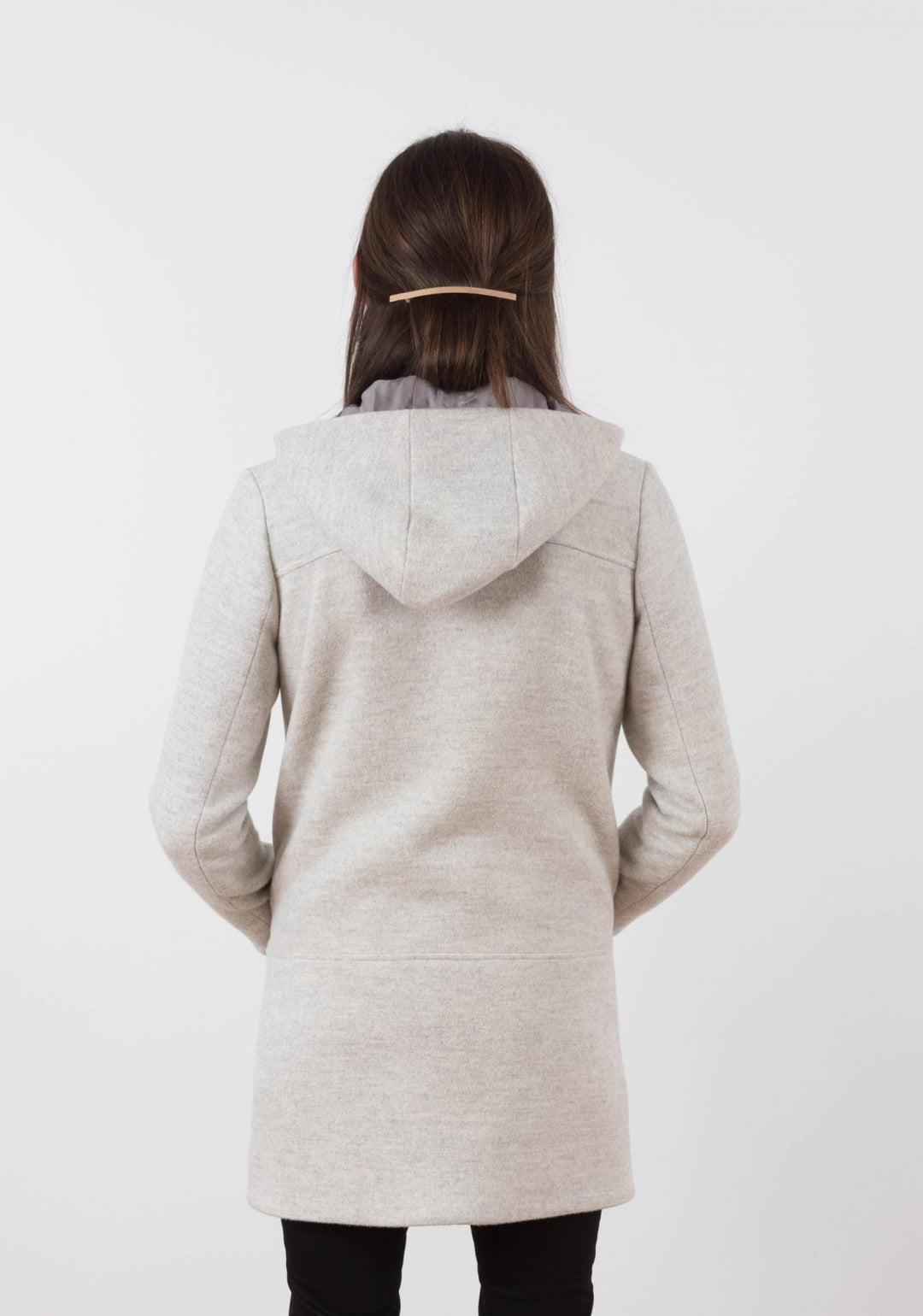 Grainline Studio Cascade Duffle Coat sewing pattern with toggle closure, hidden zipper band, A-line cut, and interchangeable hood or collar
