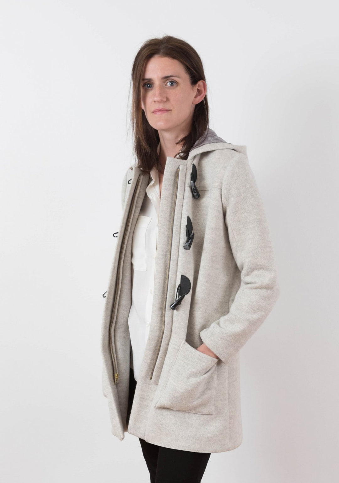 Grainline Studio Cascade Duffle Coat sewing pattern with toggle closure, hidden zipper band, A-line cut, and interchangeable hood or collar