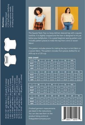 Friday Pattern Co Square Neck Top sewing pattern boxy dolman sleeve top in knit or woven fabric