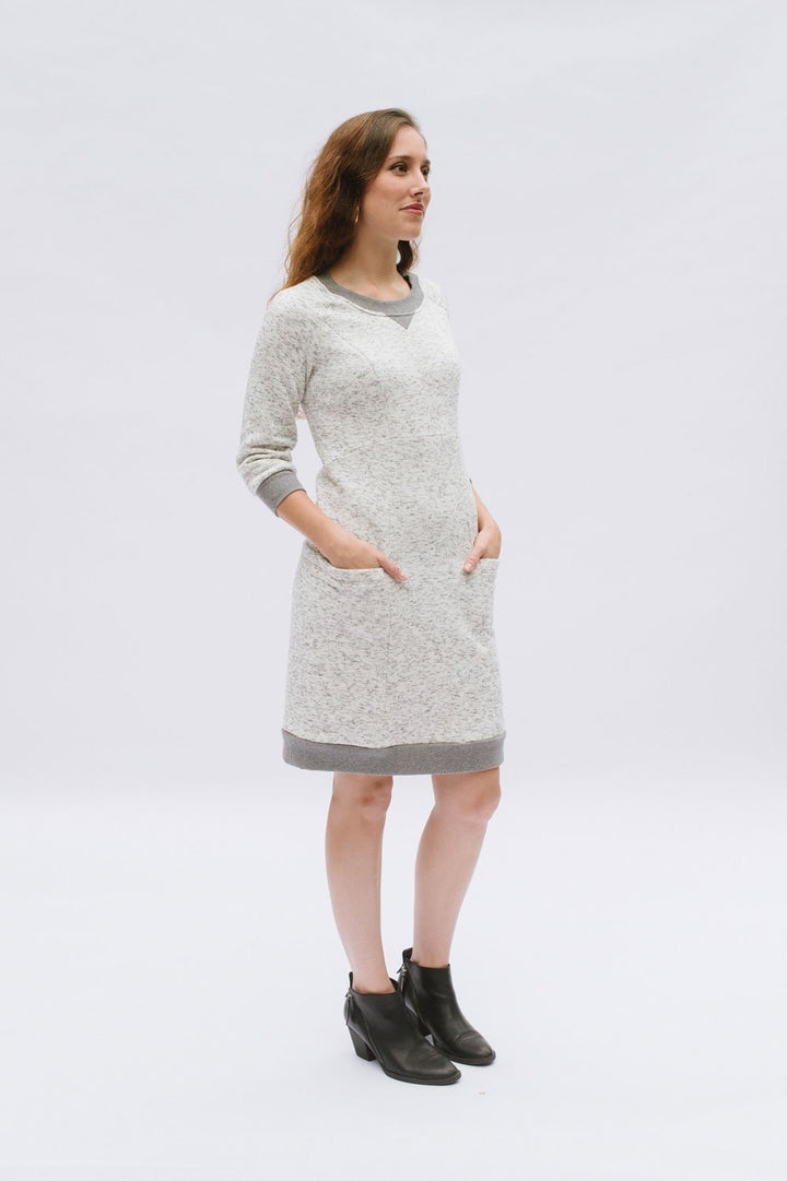 Victory Patterns Lola slip-on sweater dress with raglan sleeves, princess seams, oversized pockets, and ribbed neckline, hem, and cuffs
