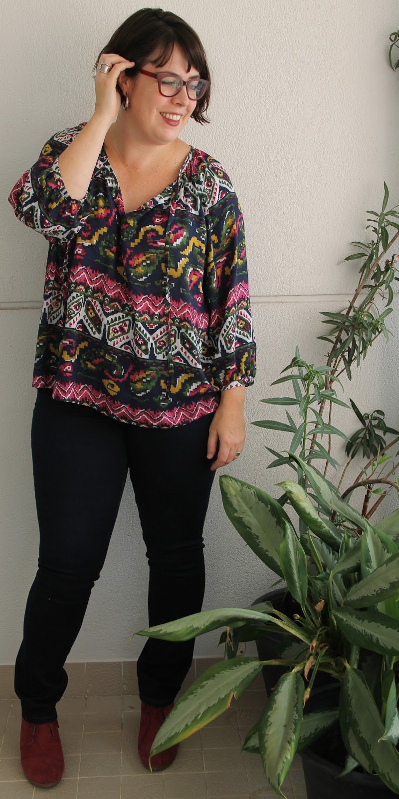 True Bias Roscoe Dress and Blouse sewing pattern – boho-inspired top with gathered neckline and raglan sleeves