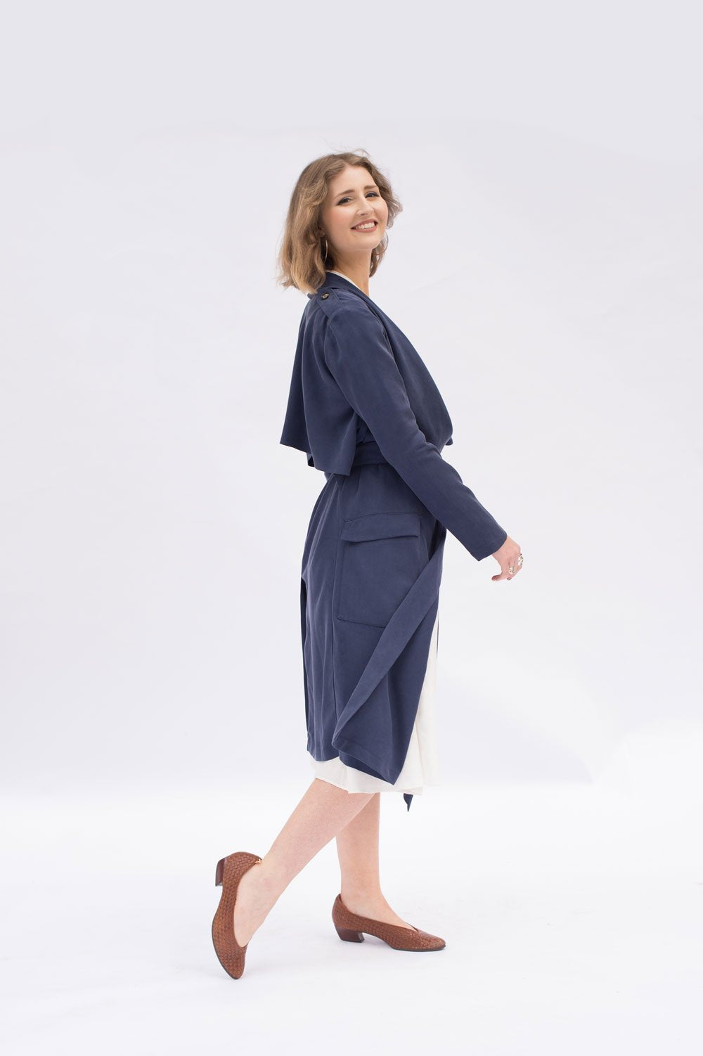 Victory Patterns Ulysses modern trench coat jacket with shawl collar, rain guard overlay, angled patch pockets, and belt