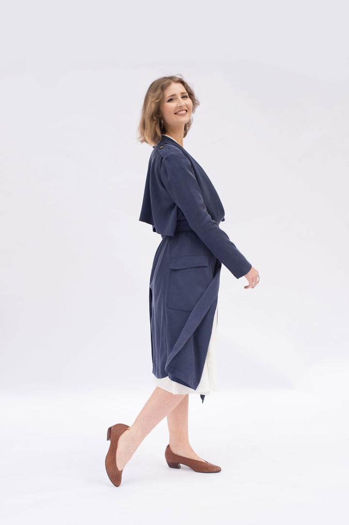 Victory Patterns Ulysses modern trench coat jacket with shawl collar, rain guard overlay, angled patch pockets, and belt
