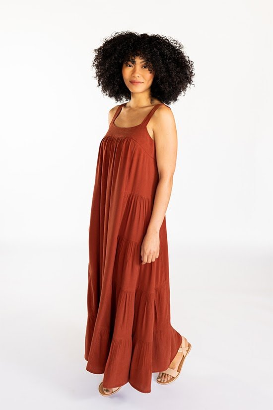 Chalk & Notch Marcel Dress & Tank Top sewing pattern with fitted high bust and flowing silhouette