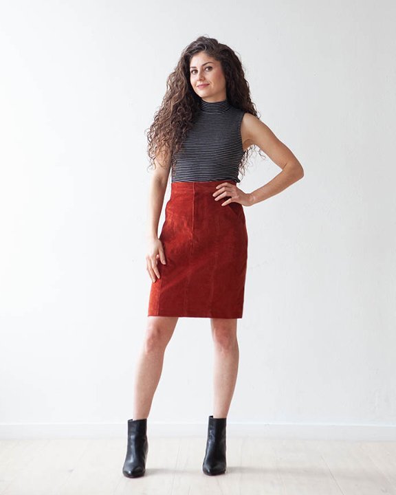 True Bias Salida Skirt pattern showing high-waist fitted knee-length and flared mid-calf skirt options with front zipper fly