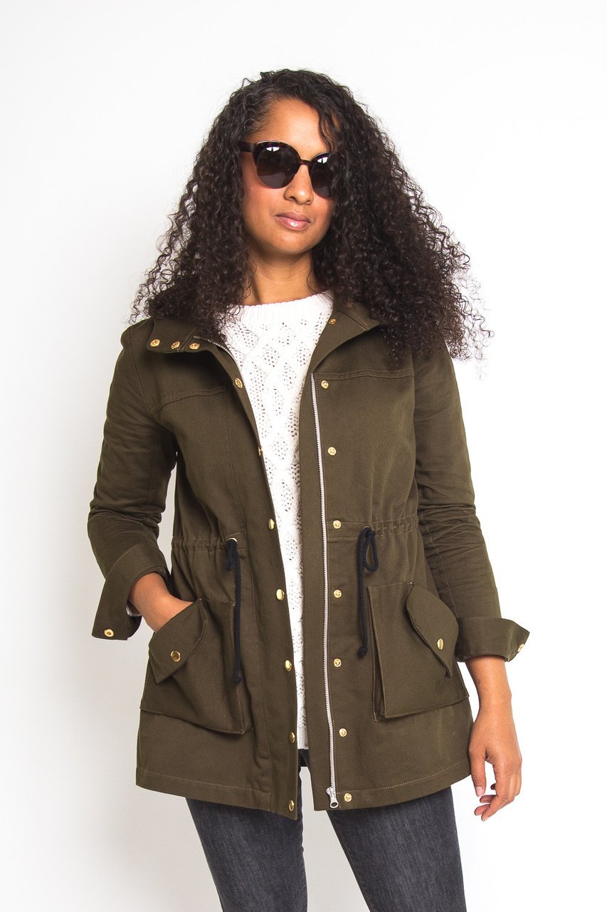 Closet Core Kelly Anorak Jacket sewing pattern – modern lightweight coat with hood, pockets, and drawstring waist