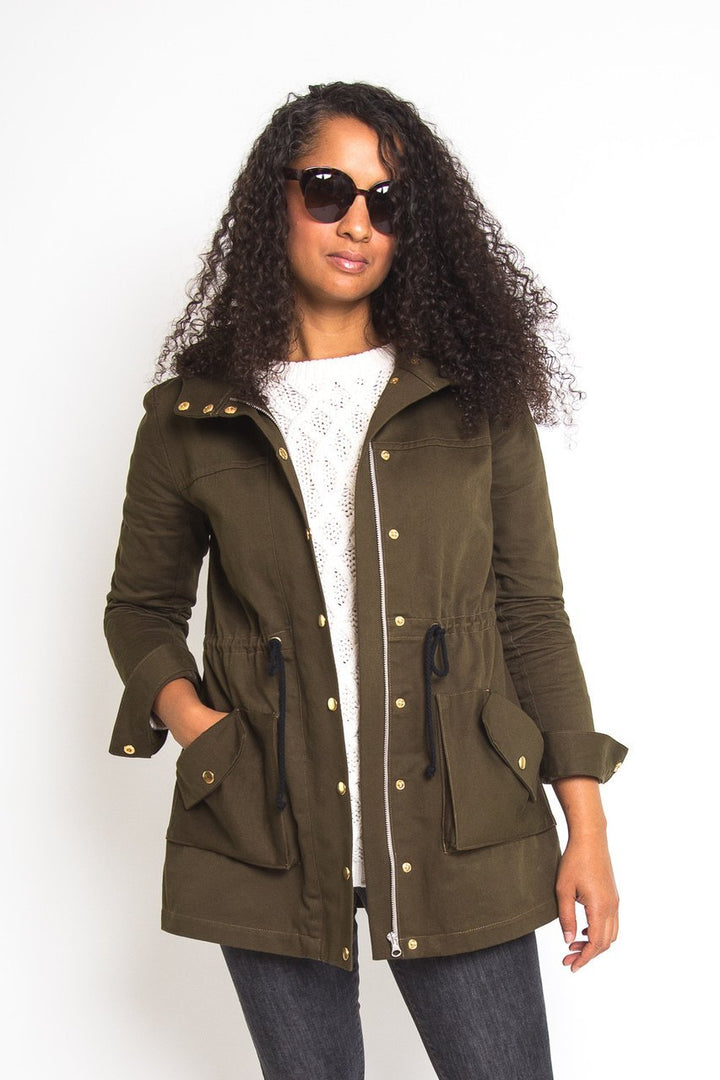 Closet Core Kelly Anorak Jacket sewing pattern – modern lightweight coat with hood, pockets, and drawstring waist