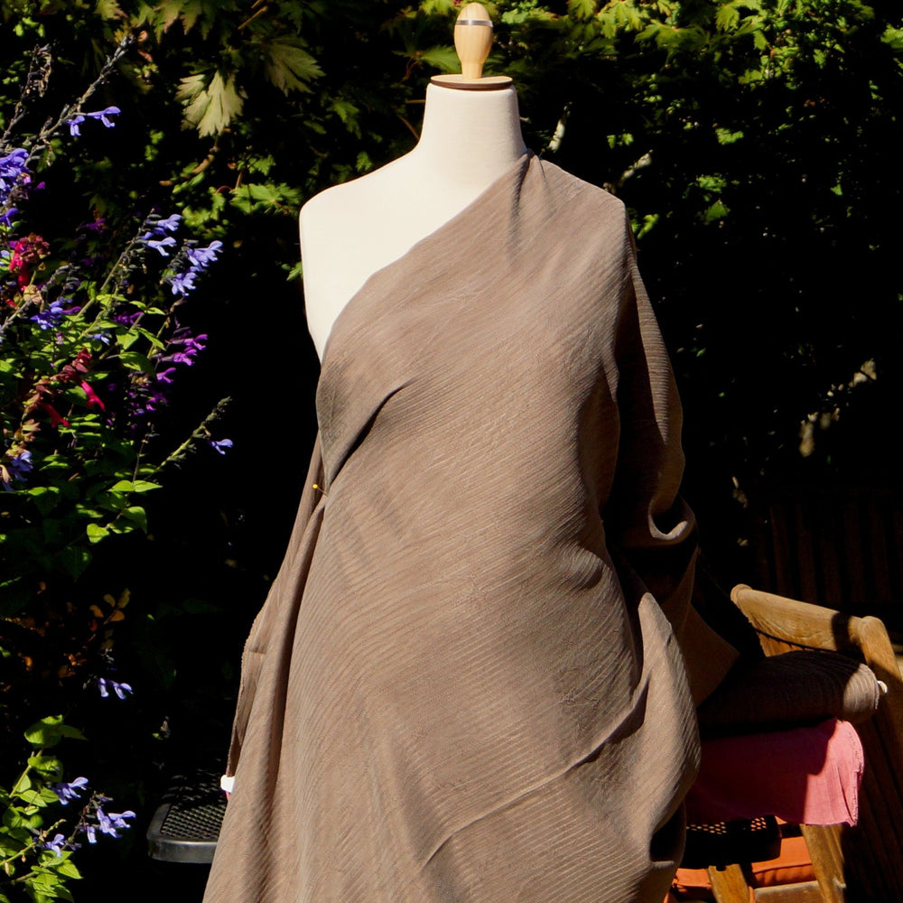 Textured Bemberg Rayon in chocolate color with subtle stripe pattern, 54-inch width, luxurious soft drape