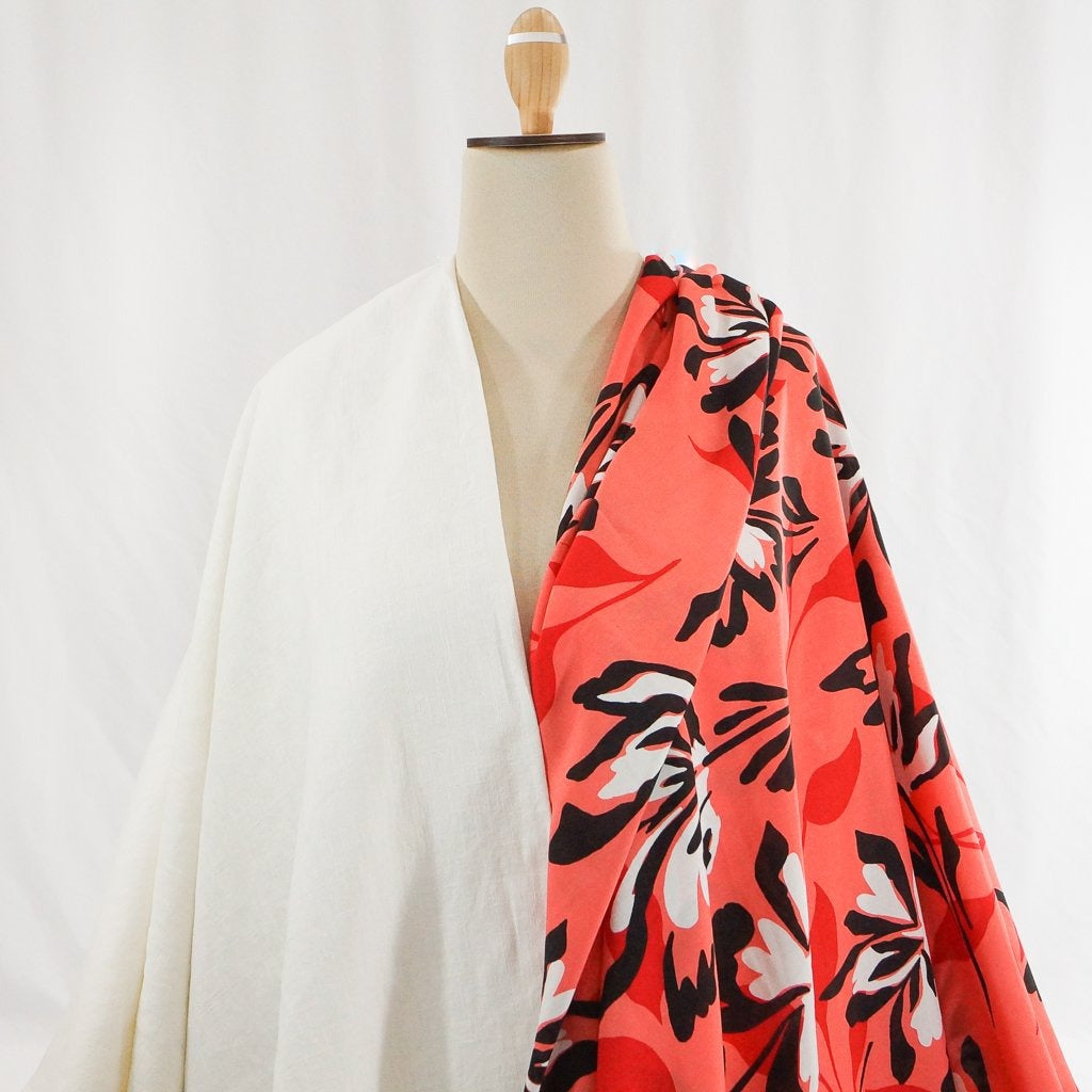 Rayon Poplin Coral Floral fabric, 100% rayon, 56 inches wide, vibrant papaya floral print for sewing tops, dresses, and skirts