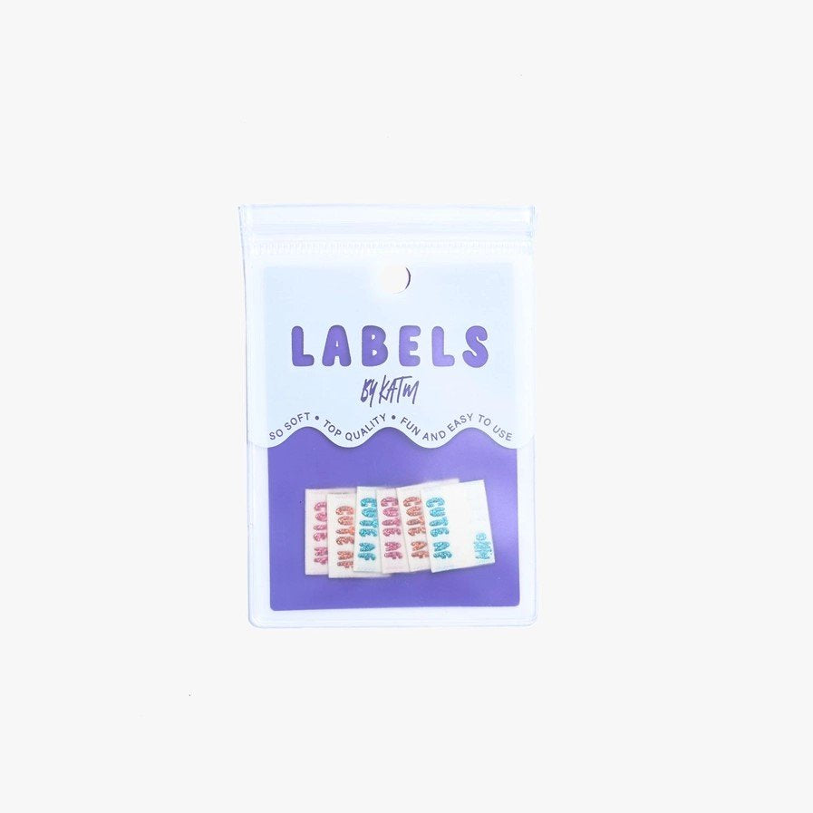 Sparkly Cute AF woven labels by Kylie and the Machine in turquoise, orange and pink - playful side seam tags for handmade creations